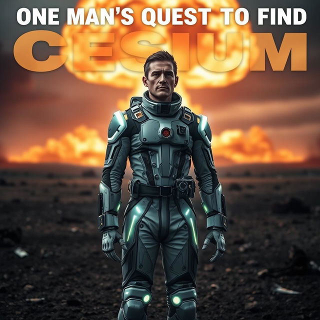A dramatic scene depicting a nuclear blast in the background, with a foreground focus on a man wearing a high-tech radiation suit