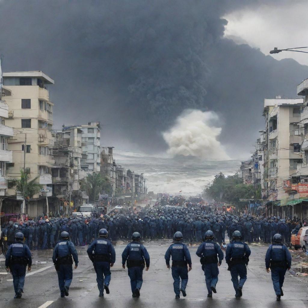 In the chaotic cityscape, all the citizens, including the police officers, abandon the streets and skyscrapers, rushing towards a nearby mountain for safety as the massive tsunami wave looms ominously in the background.