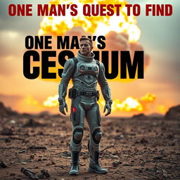 A dramatic scene depicting a nuclear blast in the background, with a foreground focus on a man wearing a high-tech radiation suit