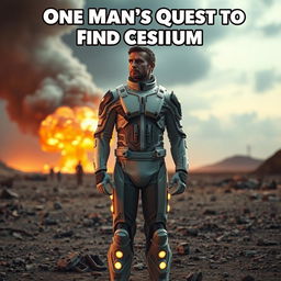 A dramatic scene depicting a nuclear blast in the background, with a foreground focus on a man wearing a high-tech radiation suit