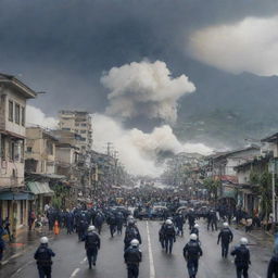 In the chaotic cityscape, all the citizens, including the police officers, abandon the streets and skyscrapers, rushing towards a nearby mountain for safety as the massive tsunami wave looms ominously in the background.