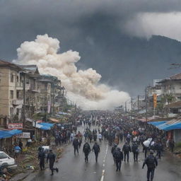 In the chaotic cityscape, all the citizens, including the police officers, abandon the streets and skyscrapers, rushing towards a nearby mountain for safety as the massive tsunami wave looms ominously in the background.