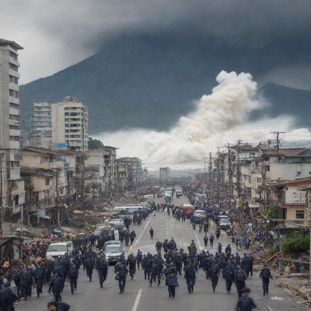 In the chaotic cityscape, all the citizens, including the police officers, abandon the streets and skyscrapers, rushing towards a nearby mountain for safety as the massive tsunami wave looms ominously in the background.