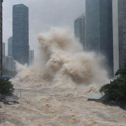 The massive tsunami wave crashes into the cityscape, demolishing skyscrapers and flooding streets. Debris is strewn all over and the once bustling city is engulfed in the terrifying force of nature.