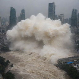 The massive tsunami wave crashes into the cityscape, demolishing skyscrapers and flooding streets. Debris is strewn all over and the once bustling city is engulfed in the terrifying force of nature.