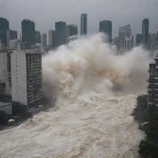 The massive tsunami wave crashes into the cityscape, demolishing skyscrapers and flooding streets. Debris is strewn all over and the once bustling city is engulfed in the terrifying force of nature.