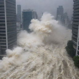 The massive tsunami wave crashes into the cityscape, demolishing skyscrapers and flooding streets. Debris is strewn all over and the once bustling city is engulfed in the terrifying force of nature.