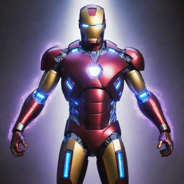 An Electropunk Iron Man suit, flourishing with vibrant colors, dazzling neon lights and brisk electricity. The suit reflects electricity arcs, complex circuit patterns over the body with blues and purples, and a high-voltage reactor core at the center of the chest