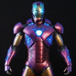 An Electropunk Iron Man suit, flourishing with vibrant colors, dazzling neon lights and brisk electricity. The suit reflects electricity arcs, complex circuit patterns over the body with blues and purples, and a high-voltage reactor core at the center of the chest