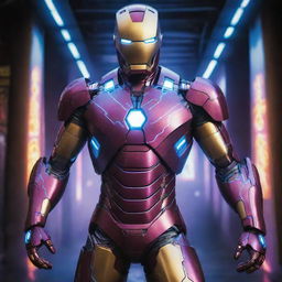 An Electropunk Iron Man suit, flourishing with vibrant colors, dazzling neon lights and brisk electricity. The suit reflects electricity arcs, complex circuit patterns over the body with blues and purples, and a high-voltage reactor core at the center of the chest