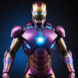 An Electropunk Iron Man suit, flourishing with vibrant colors, dazzling neon lights and brisk electricity. The suit reflects electricity arcs, complex circuit patterns over the body with blues and purples, and a high-voltage reactor core at the center of the chest