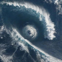 A colossal tsunami, one million meters high, dwarfs the entire planet. The wave, seen from space, towers over continents and oceans, transforming the familiar view of Earth into a scene of unimaginable natural calamity.