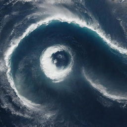 A colossal tsunami, one million meters high, dwarfs the entire planet. The wave, seen from space, towers over continents and oceans, transforming the familiar view of Earth into a scene of unimaginable natural calamity.