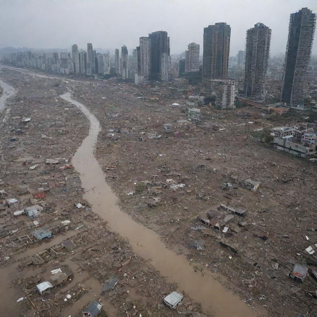 The once vibrant cityscape is now unrecognizable, left in complete ruin by the colossal tsunami. The towering skyscrapers are reduced to ruins, the streets are flooded, and all signs of life are washed away in the catastrophic aftermath.