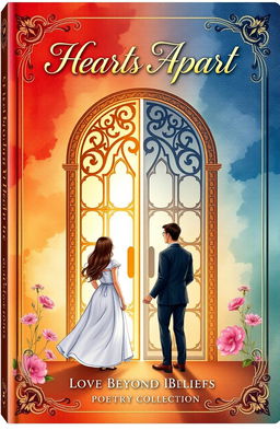A beautifully illustrated book cover design for a romantic poetry collection titled "Hearts Apart: Love Beyond Beliefs"