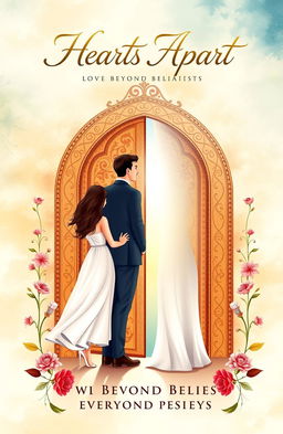 A beautifully illustrated book cover design for a romantic poetry collection titled "Hearts Apart: Love Beyond Beliefs"