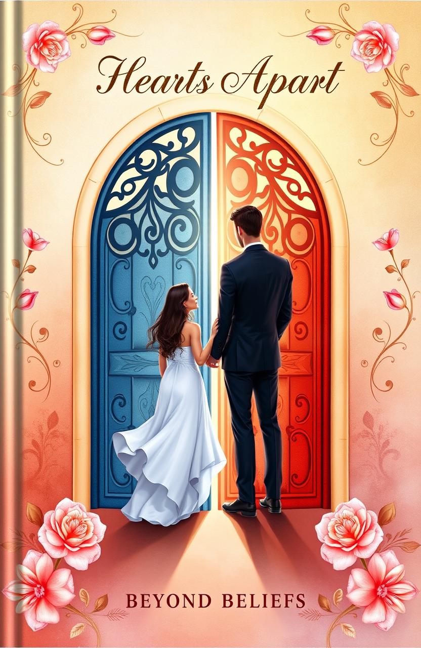 A beautifully illustrated book cover design for a romantic poetry collection titled "Hearts Apart: Love Beyond Beliefs"