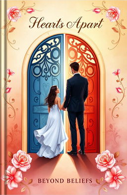 A beautifully illustrated book cover design for a romantic poetry collection titled "Hearts Apart: Love Beyond Beliefs"