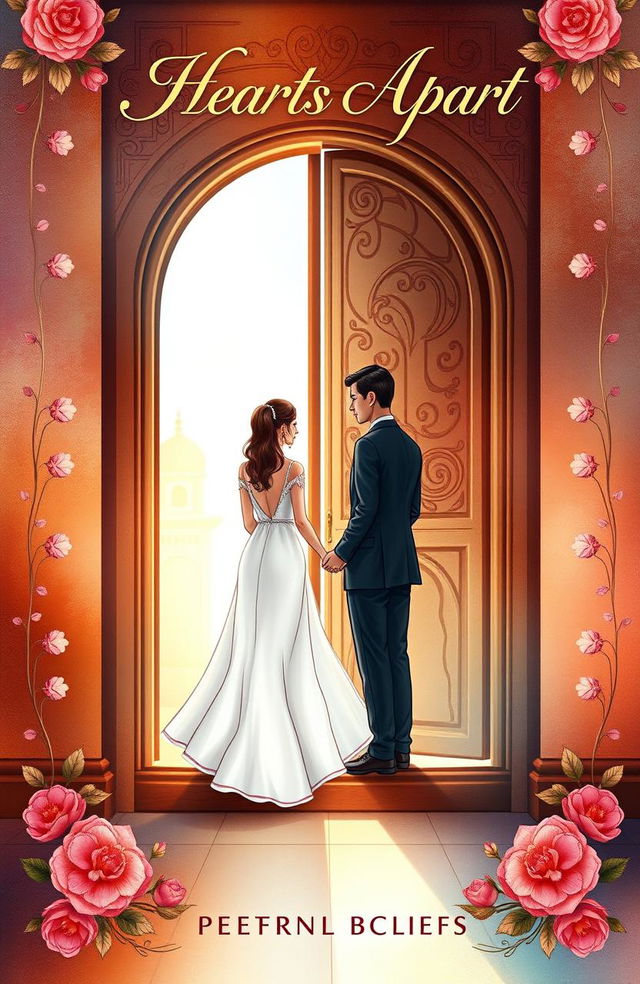 A beautifully illustrated book cover design for a romantic poetry collection titled "Hearts Apart: Love Beyond Beliefs"