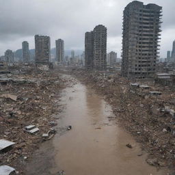 The once vibrant cityscape is now unrecognizable, left in complete ruin by the colossal tsunami. The towering skyscrapers are reduced to ruins, the streets are flooded, and all signs of life are washed away in the catastrophic aftermath.