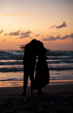 A poignant scene depicting two lovers drifting apart on a windswept beach at sunset, their silhouettes standing back-to-back, with a gentle sea breeze tousling their hair