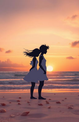 A poignant scene depicting two lovers drifting apart on a windswept beach at sunset, their silhouettes standing back-to-back, with a gentle sea breeze tousling their hair