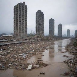 The once vibrant cityscape is now unrecognizable, left in complete ruin by the colossal tsunami. The towering skyscrapers are reduced to ruins, the streets are flooded, and all signs of life are washed away in the catastrophic aftermath.