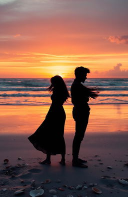 A poignant scene depicting two lovers drifting apart on a windswept beach at sunset, their silhouettes standing back-to-back, with a gentle sea breeze tousling their hair