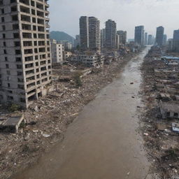 The once vibrant cityscape is now unrecognizable, left in complete ruin by the colossal tsunami. The towering skyscrapers are reduced to ruins, the streets are flooded, and all signs of life are washed away in the catastrophic aftermath.