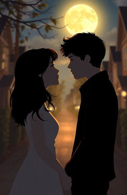 A poignant scene depicting two lovers standing on opposite sides of a moonlit street, their eyes locked in an emotional gaze that conveys longing and sadness
