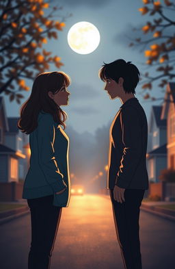 A poignant scene depicting two lovers standing on opposite sides of a moonlit street, their eyes locked in an emotional gaze that conveys longing and sadness