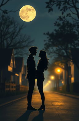 A poignant scene depicting two lovers standing on opposite sides of a moonlit street, their eyes locked in an emotional gaze that conveys longing and sadness