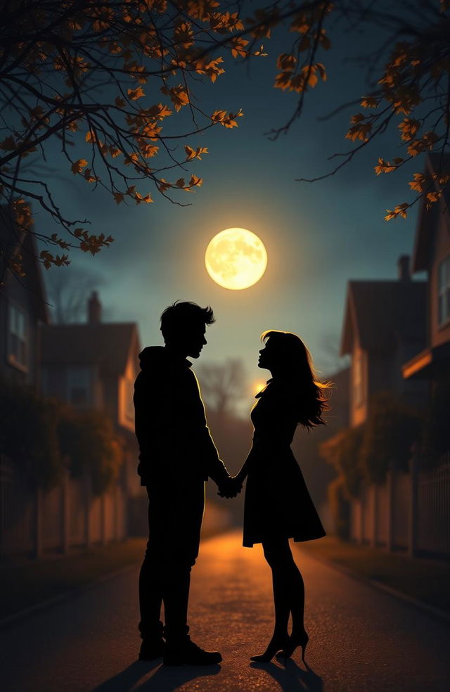 A poignant scene depicting two lovers standing on opposite sides of a moonlit street, their eyes locked in an emotional gaze that conveys longing and sadness