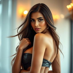 A stunning adult woman with alluring features, dressed in a chic and sexy outfit that highlights her curves