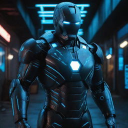 A Cyberpunk Iron Man suit, embodying a high-tech, neon-studded noir aesthetic. The suit is smothered in chromatic holographic displays, glowing electric blue energy lines, intricate, almost circuit-like detailing with the iconic helmet and brightly lit arc reactor contrasting against the gritty background