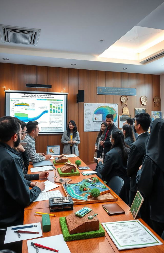 A detailed and vibrant scene depicting a graduation project presentation from Ain Shams University's Faculty of Engineering focused on surface hydrology