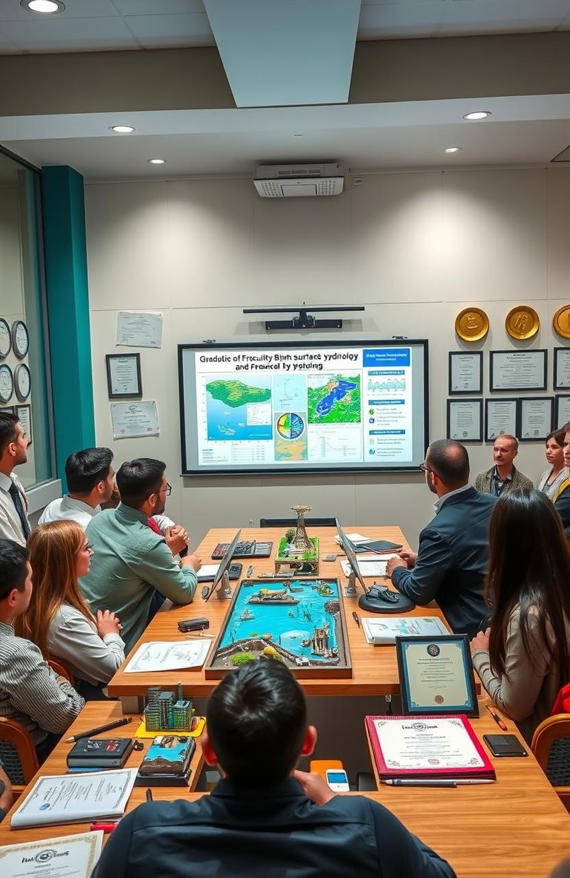 A detailed and vibrant scene depicting a graduation project presentation from Ain Shams University's Faculty of Engineering focused on surface hydrology