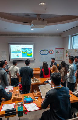 A detailed and vibrant scene depicting a graduation project presentation from Ain Shams University's Faculty of Engineering focused on surface hydrology