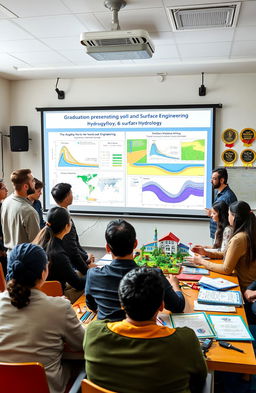 A detailed and vibrant scene depicting a graduation project presentation from Ain Shams University's Faculty of Engineering focused on surface hydrology