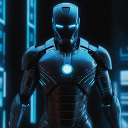 A Cyberpunk Iron Man suit, embodying a high-tech, neon-studded noir aesthetic. The suit is smothered in chromatic holographic displays, glowing electric blue energy lines, intricate, almost circuit-like detailing with the iconic helmet and brightly lit arc reactor contrasting against the gritty background