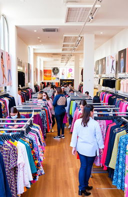 A vibrant and bustling clothing store filled with a variety of stylish garments on racks