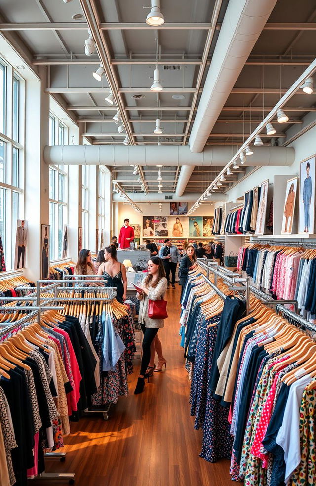 A vibrant and bustling clothing store filled with a variety of stylish garments on racks