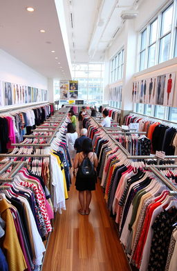 A vibrant and bustling clothing store filled with a variety of stylish garments on racks