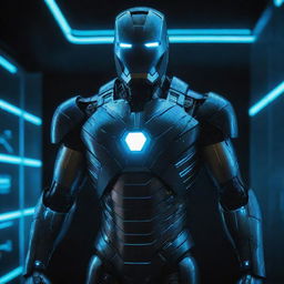 A Cyberpunk Iron Man suit, embodying a high-tech, neon-studded noir aesthetic. The suit is smothered in chromatic holographic displays, glowing electric blue energy lines, intricate, almost circuit-like detailing with the iconic helmet and brightly lit arc reactor contrasting against the gritty background