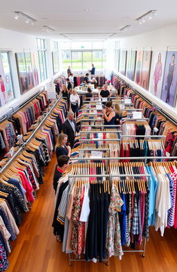 A vibrant and bustling clothing store filled with a variety of stylish garments on racks