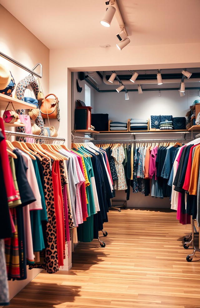 A vibrant and inviting cover photo of a trendy clothing store showcasing a stylish interior filled with various clothing racks and displays