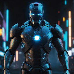 A Cyberpunk Iron Man suit, embodying a high-tech, neon-studded noir aesthetic. The suit is smothered in chromatic holographic displays, glowing electric blue energy lines, intricate, almost circuit-like detailing with the iconic helmet and brightly lit arc reactor contrasting against the gritty background