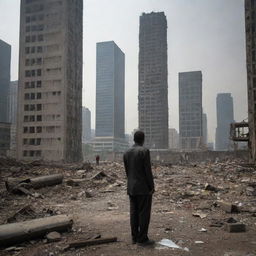 People slowly return to their ruined city, moving among the debris of what were once skyscrapers. Faced with the desolation, they begin to weep, their tears reflective of their tremendous loss and grief.