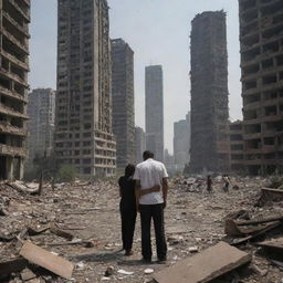 People slowly return to their ruined city, moving among the debris of what were once skyscrapers. Faced with the desolation, they begin to weep, their tears reflective of their tremendous loss and grief.