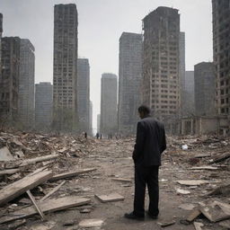 People slowly return to their ruined city, moving among the debris of what were once skyscrapers. Faced with the desolation, they begin to weep, their tears reflective of their tremendous loss and grief.